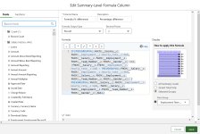 Screenshot showing the completed dialog for the percentage difference formula